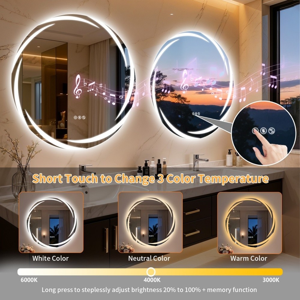 32" Smart LED Bathroom Mirror Wall-Mounted with Bluetooth Speaker Dimmable Round