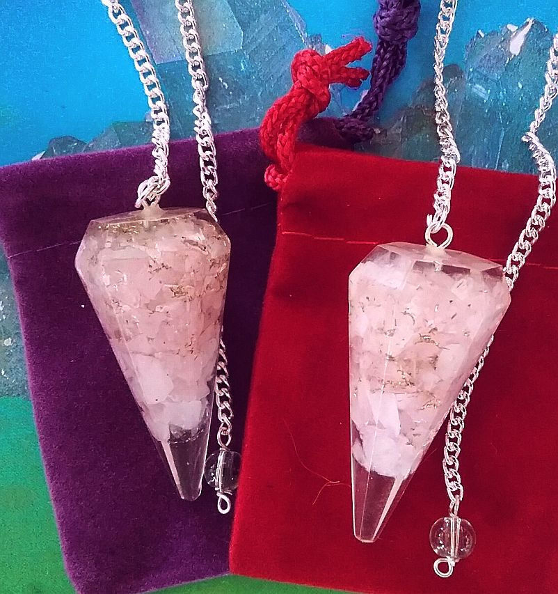 ROSE QUARTZ DOWSING PENDULUM, Orgone ROSE QUARTZ CRYSTAL PENDULUM & POUCH