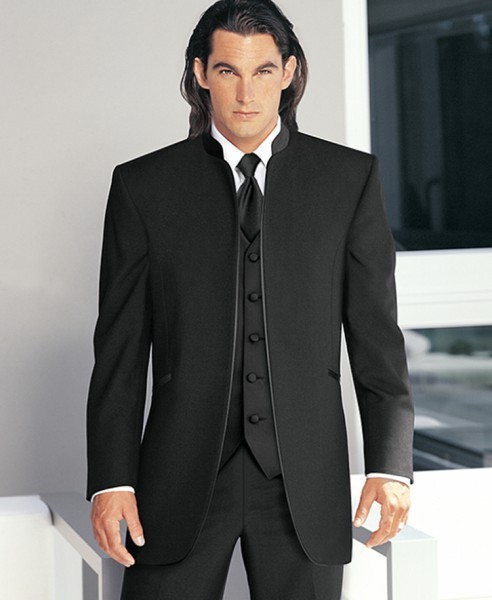 Men's Black Mandarin Nehru Collar Tuxedo Jacket with Satin Trim Formal Prom Gala