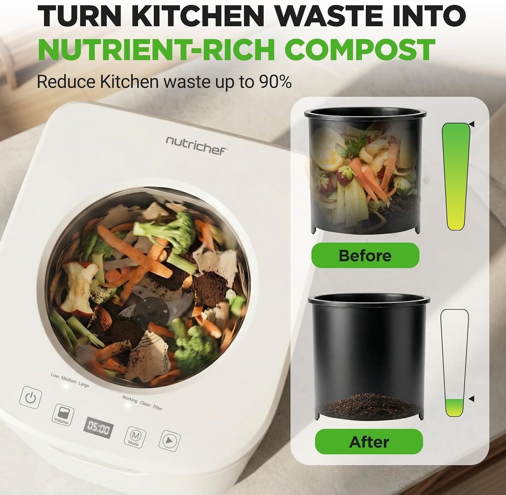 NutriChef 4 Quart Electric Kitchen Composter | Smart Countertop Composter White