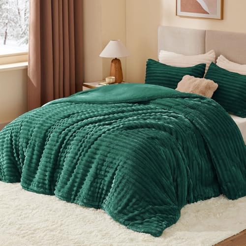 Fleece Comforter Set -Super Soft & Warm Fluffy Bedding, Queen Dark Green