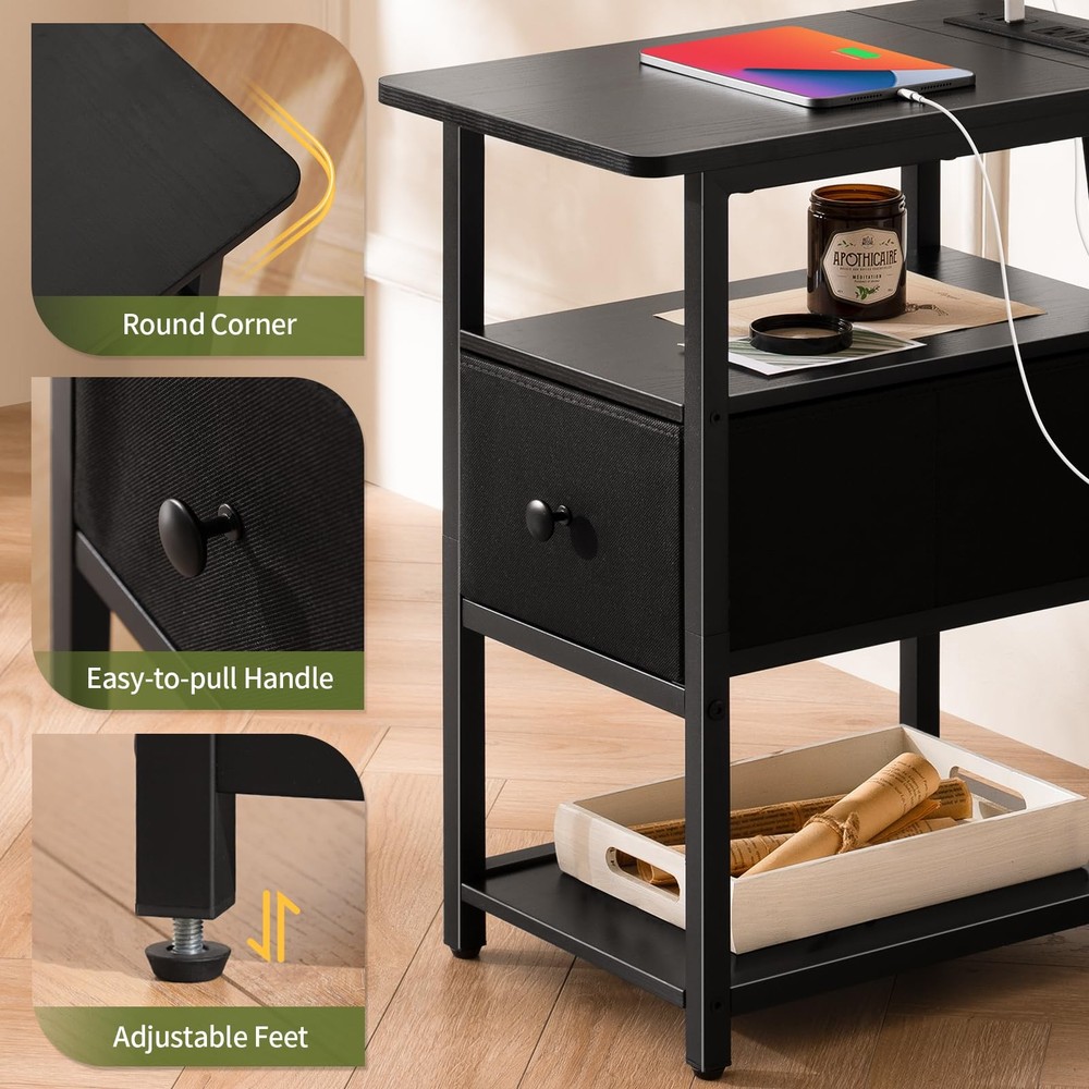 Yoobure End Table with Charging Station, Narrow Side Table with Adjustable Fa...