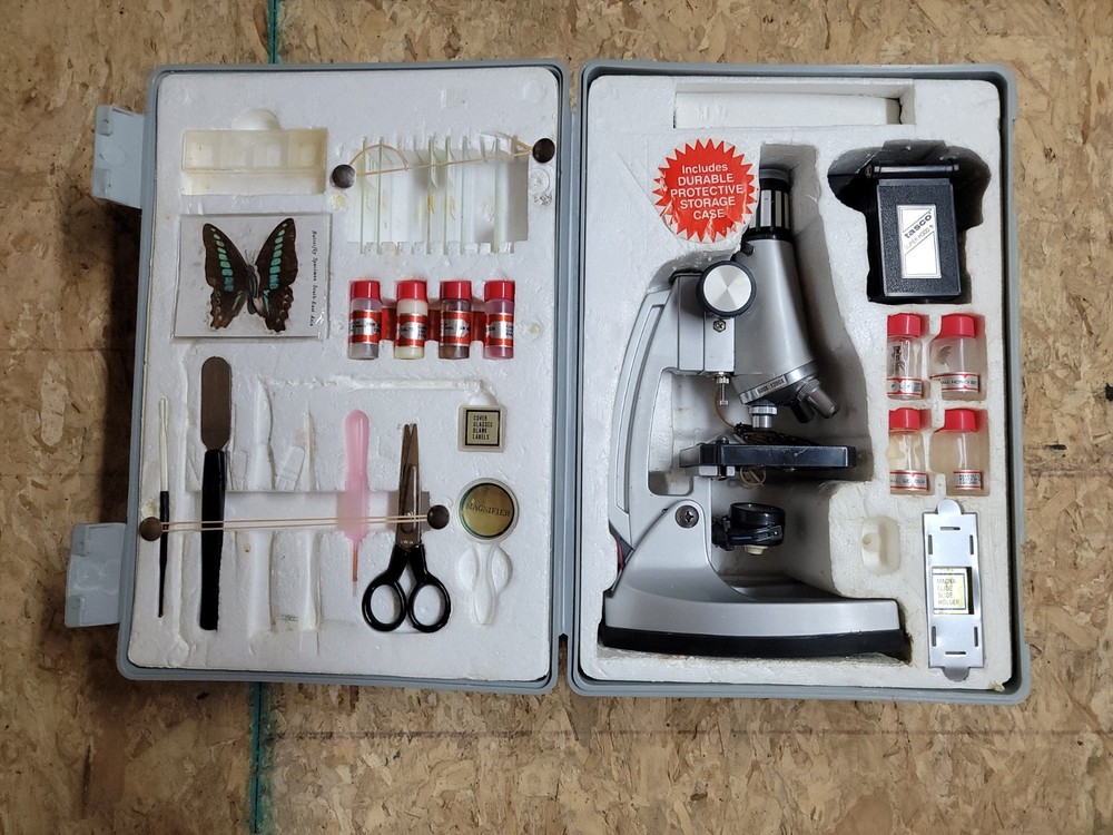 Vintage Tasco 1200X Microscope Set with Case- Tools- Samples