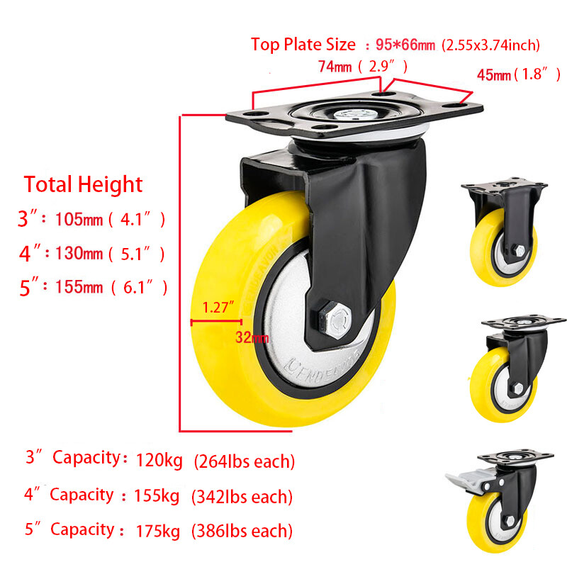 2 / 4 Pack Heavy Duty Swivel Plate Caster Wheels 3" 4" 5" Polyurethane Wheels US