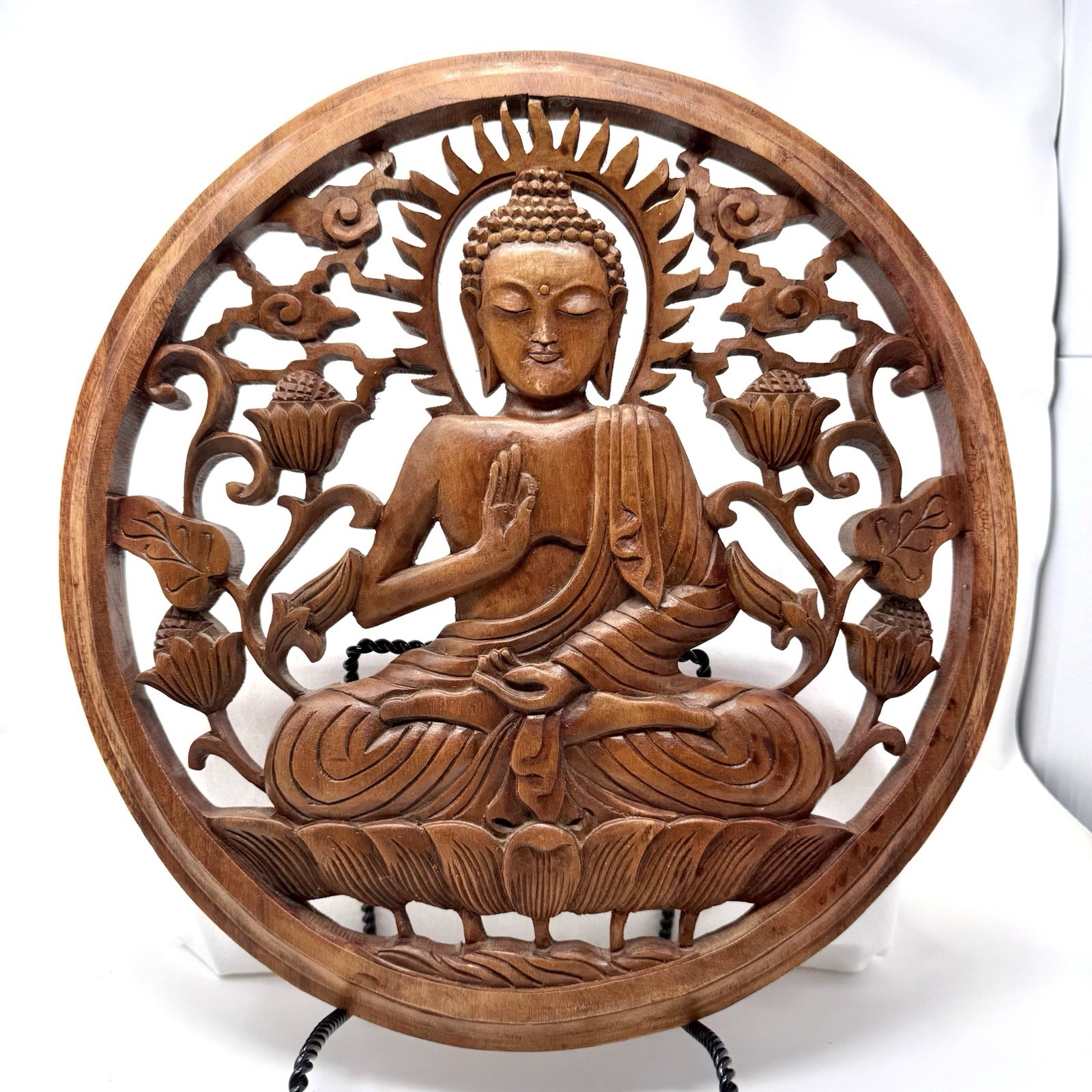 Wooden Hand Carved Wall Hanging Buddha Sculpture Statue Panel Relief Plaque 14.5