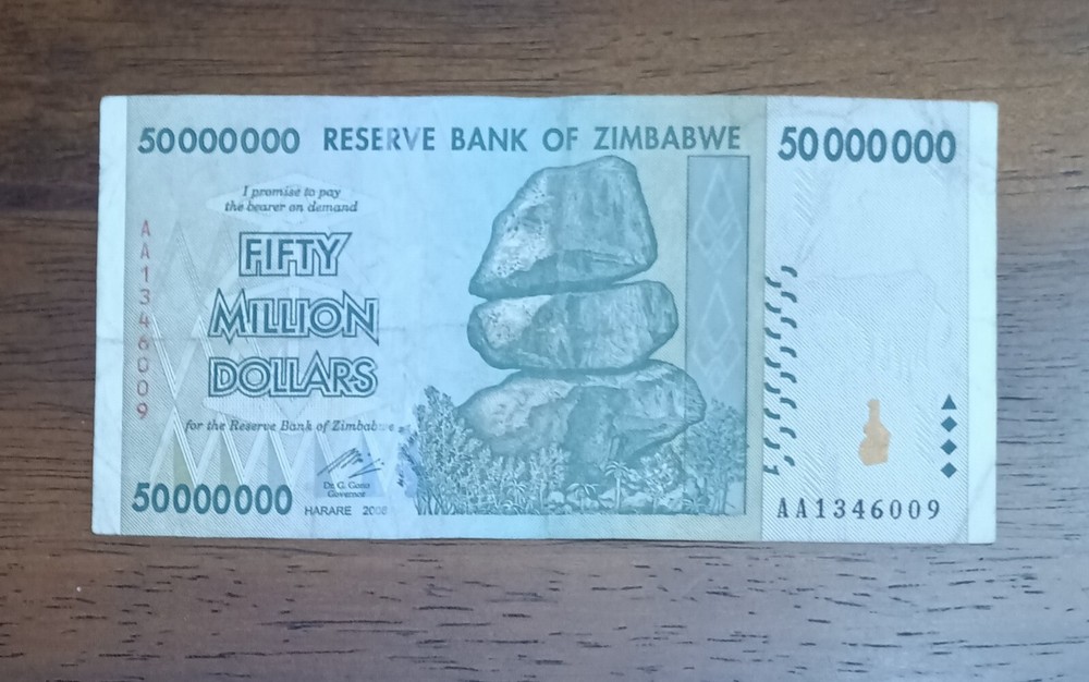Zimbabwe 2008 $50 million note, from the hyperinflation era