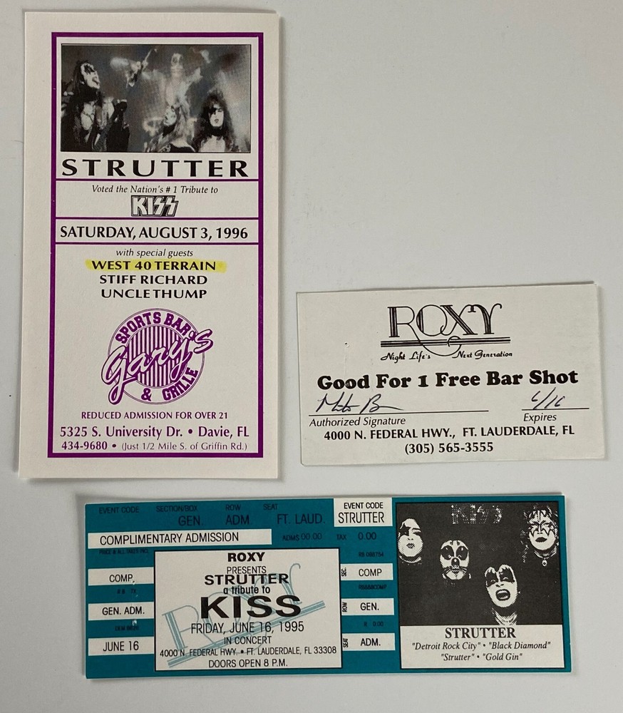 KISS STRUTTER Tribute Band Concert Full Ticket Stub Drink Card 3pc Lot 1995 1996