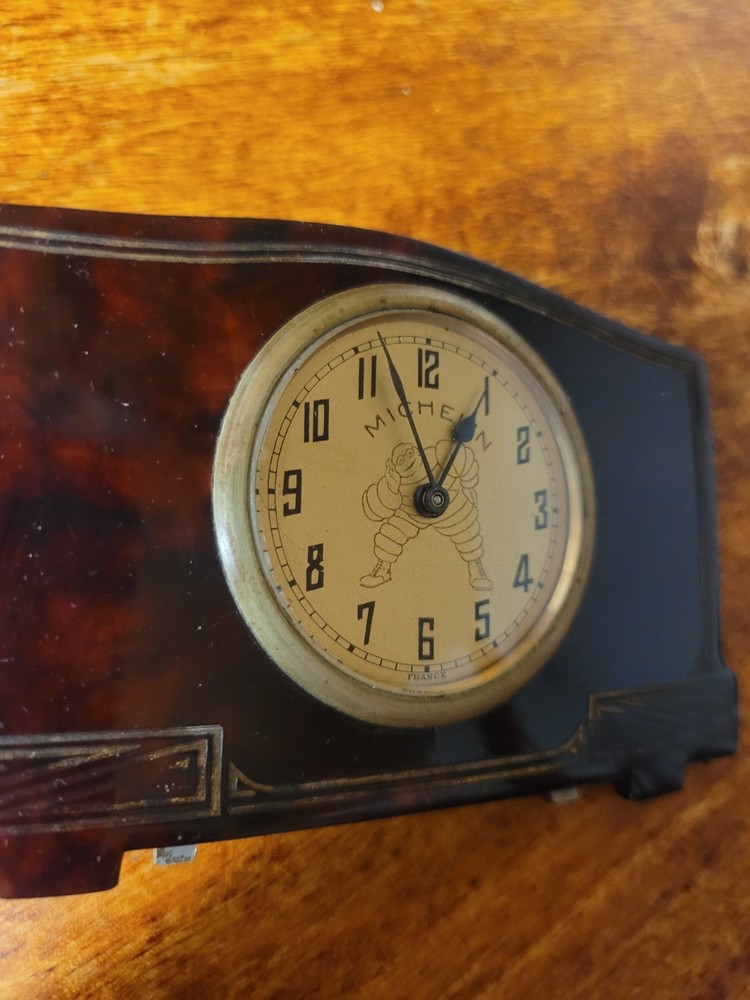 MICHELIN MAN BIBENDUM 1920 1930 MINATURE TABLE CLOCK WORKING SERVICED.
