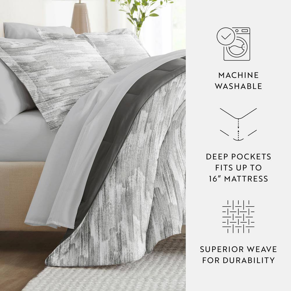 7-Piece Textured Stripe Gray Pattern Comforter Queen Microfiber Bedding Bundle