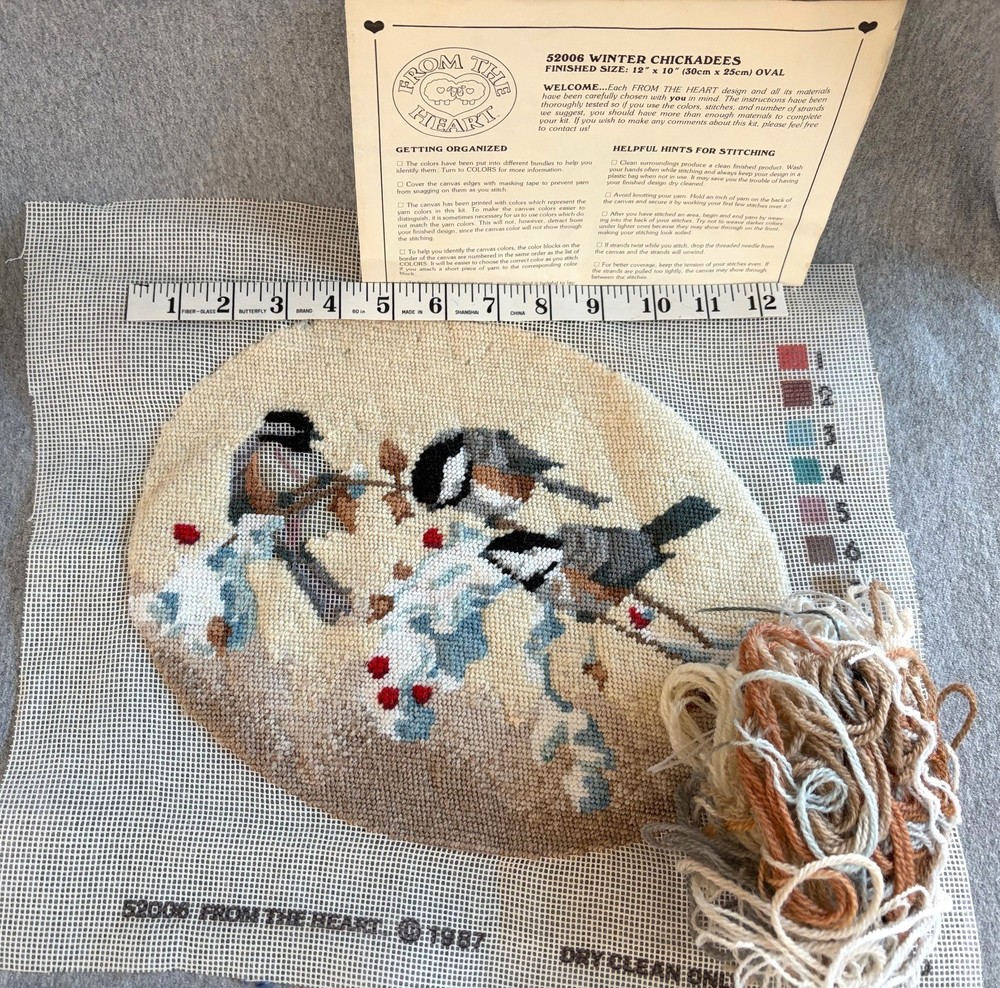 4 Needlepoint Finished Unfinished Projects Crewel Bunny Chicadees Yellow Wreath