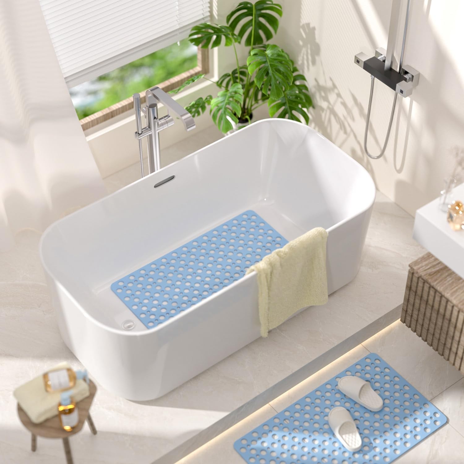 Non Slip Bathtub Mat 28x15in Blue Shower Safety Mat w/ Drain Holes & Suction