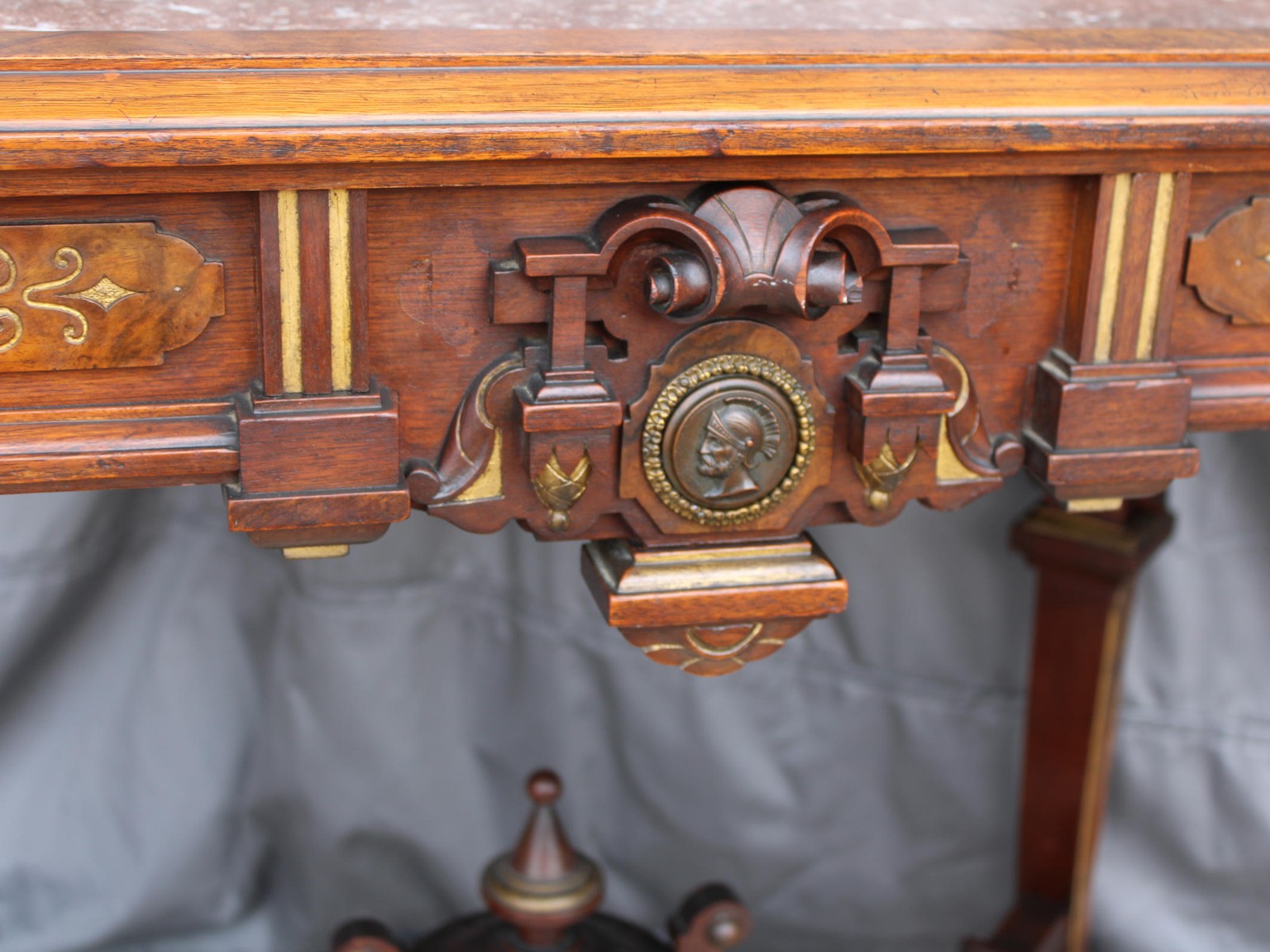 Antique Victorian Renaissance Revival Parlor table with framed Brown Marble top