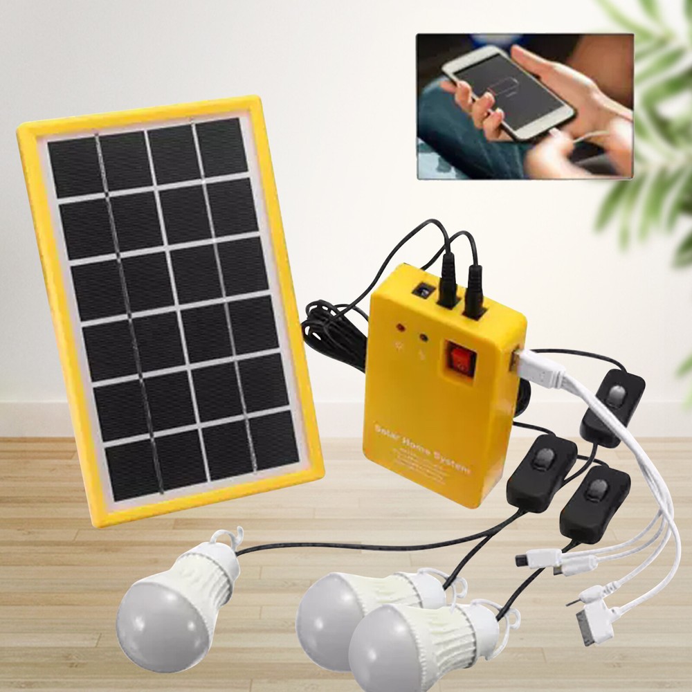 Solar Power Panel Generator Kit 5V USB Home System Charger 3 LED Bulbs Light