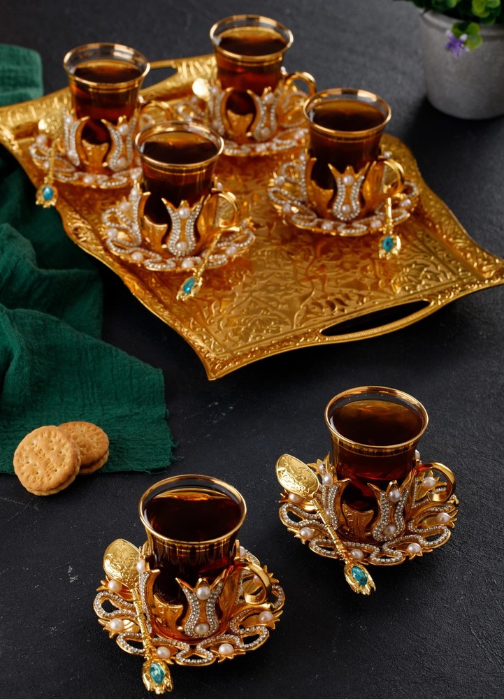 Engraved Turkish Tea and Coffee Serving Tray - Decorative Gold Rectangular Tr...