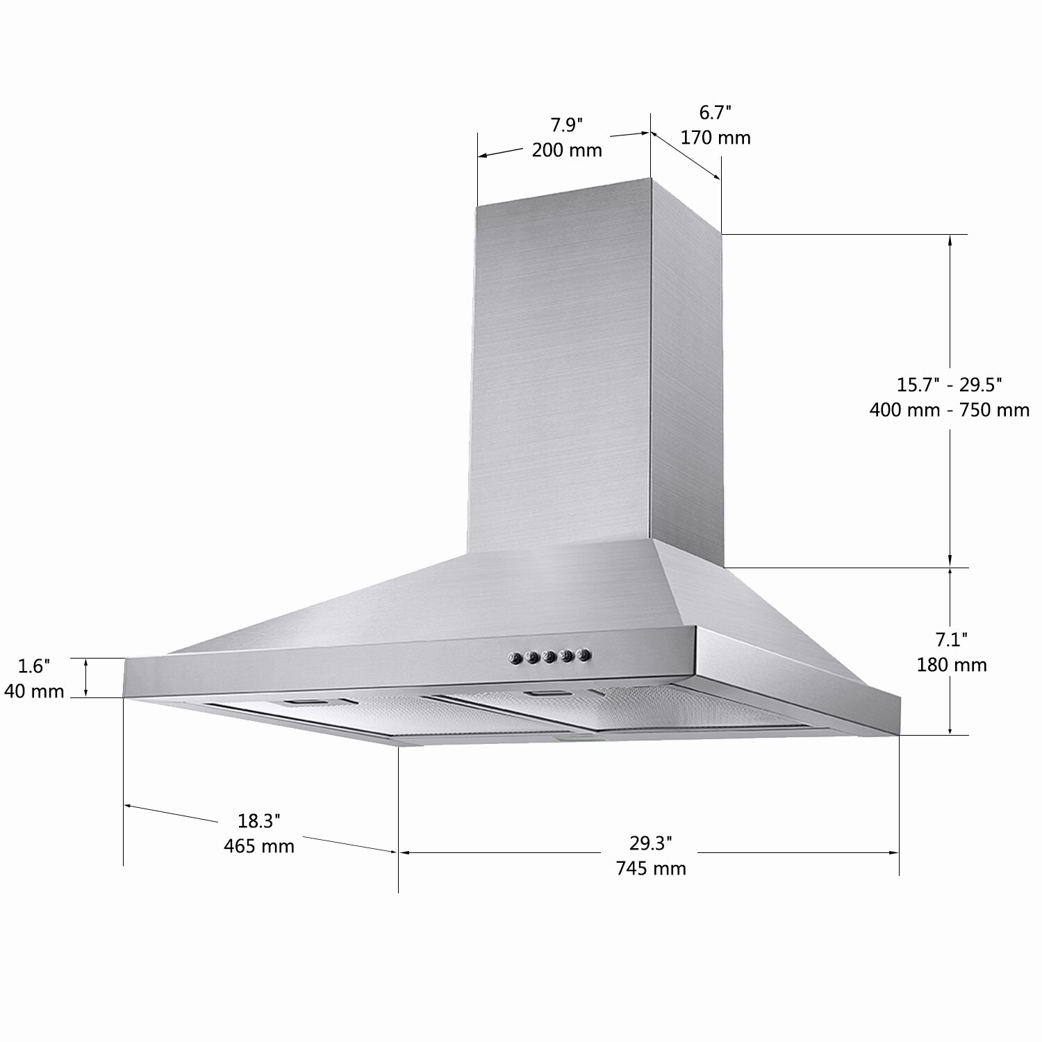 30 in Wall Mount Range Hood Stainless Steel 450CFM Convertible Kitchen Vent New