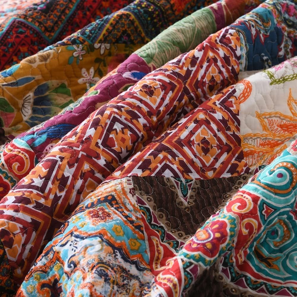 Cotton Patchwork Bedspread Quilt Sets, Reversible Bedding Coverlet Sets, Red ...
