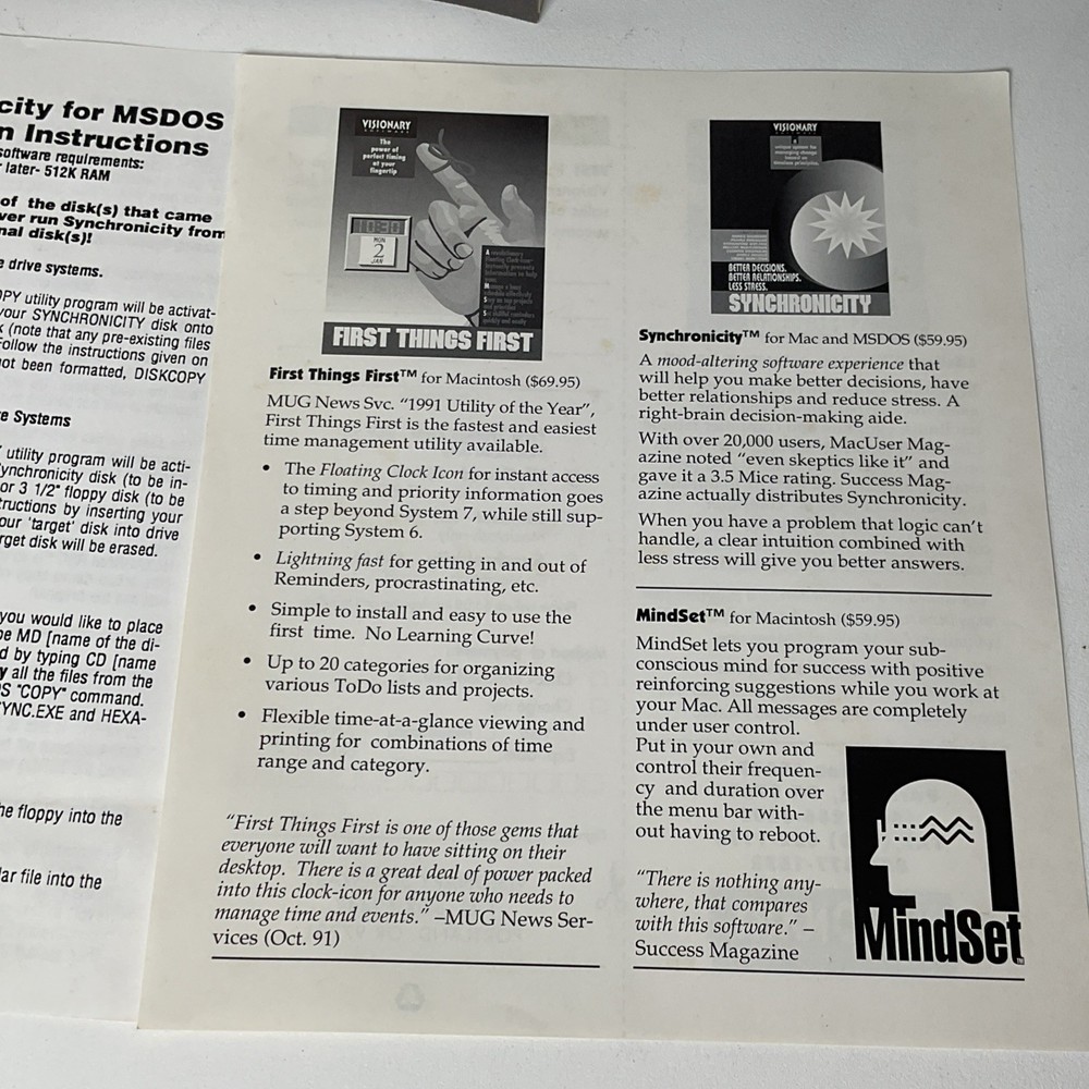 Visionary Software Synchronicity MS DOS Version IBM Compatibles 5.25” Disk