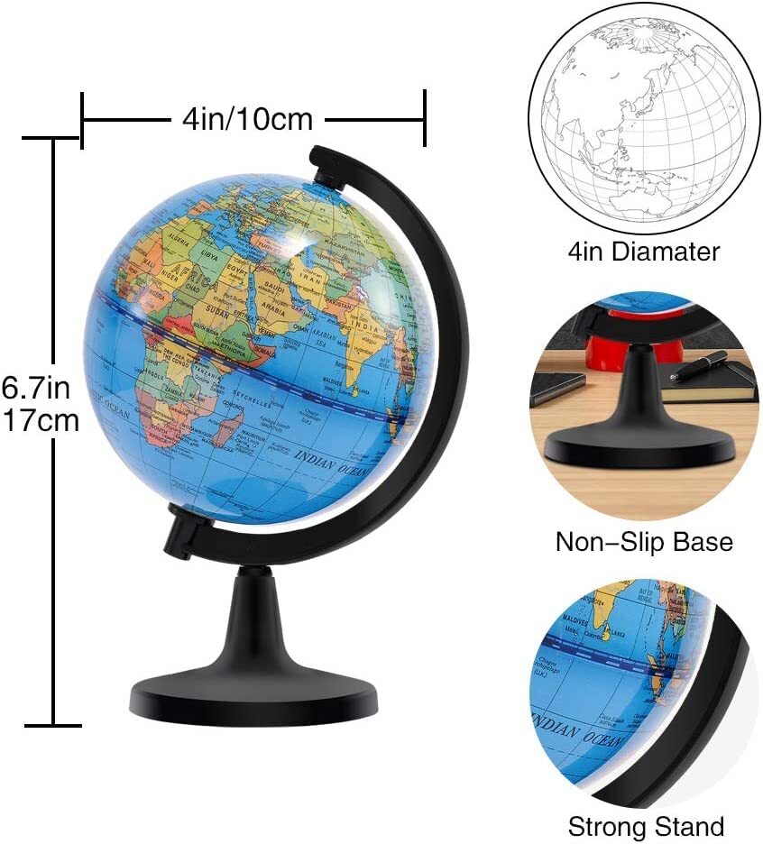 4'' World Globe for Kids Learning, Educational Rotating World Map Globes Mini...