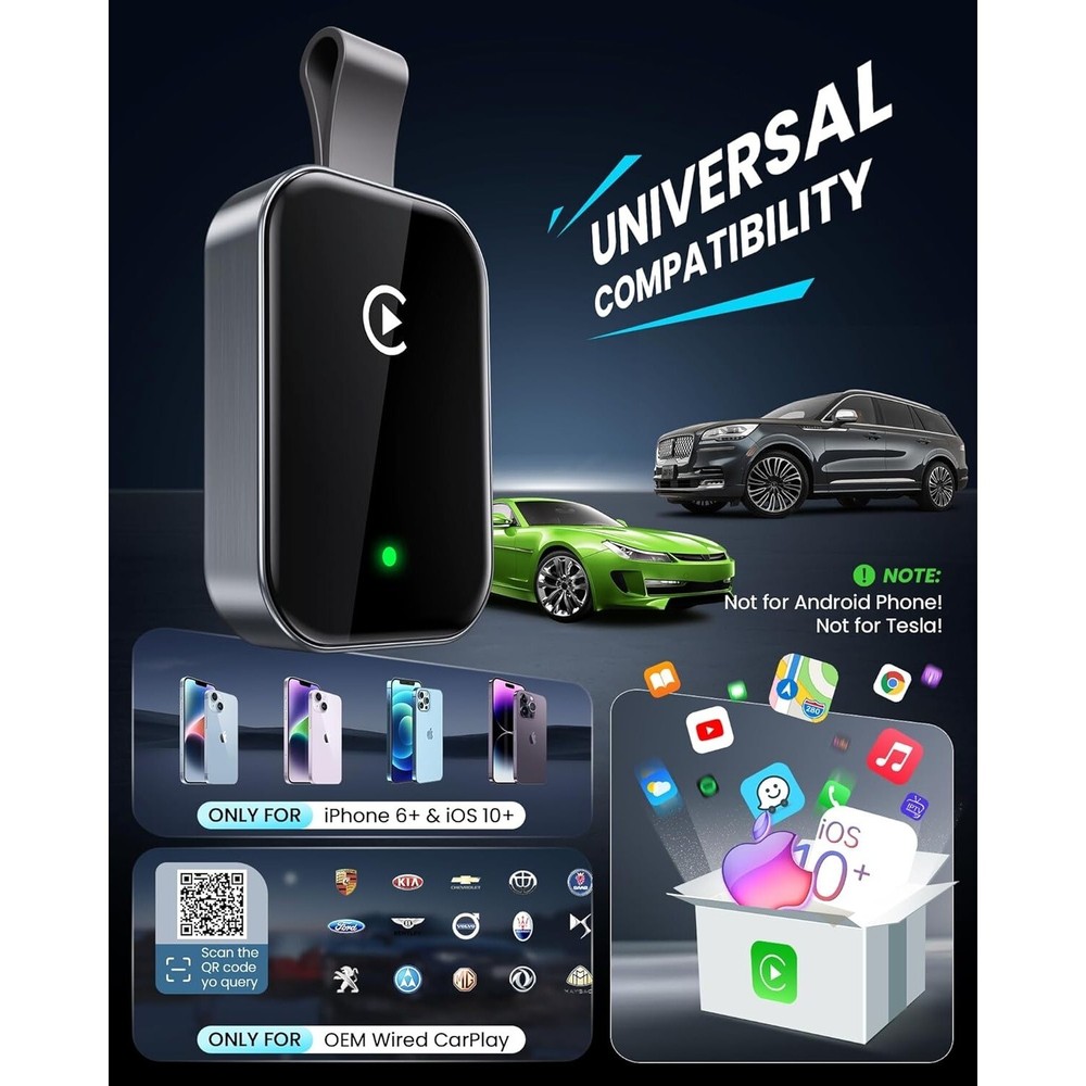 High Tech Wireless CarPlay Adapter for Apple Super Mini Easy Wired to Wireless