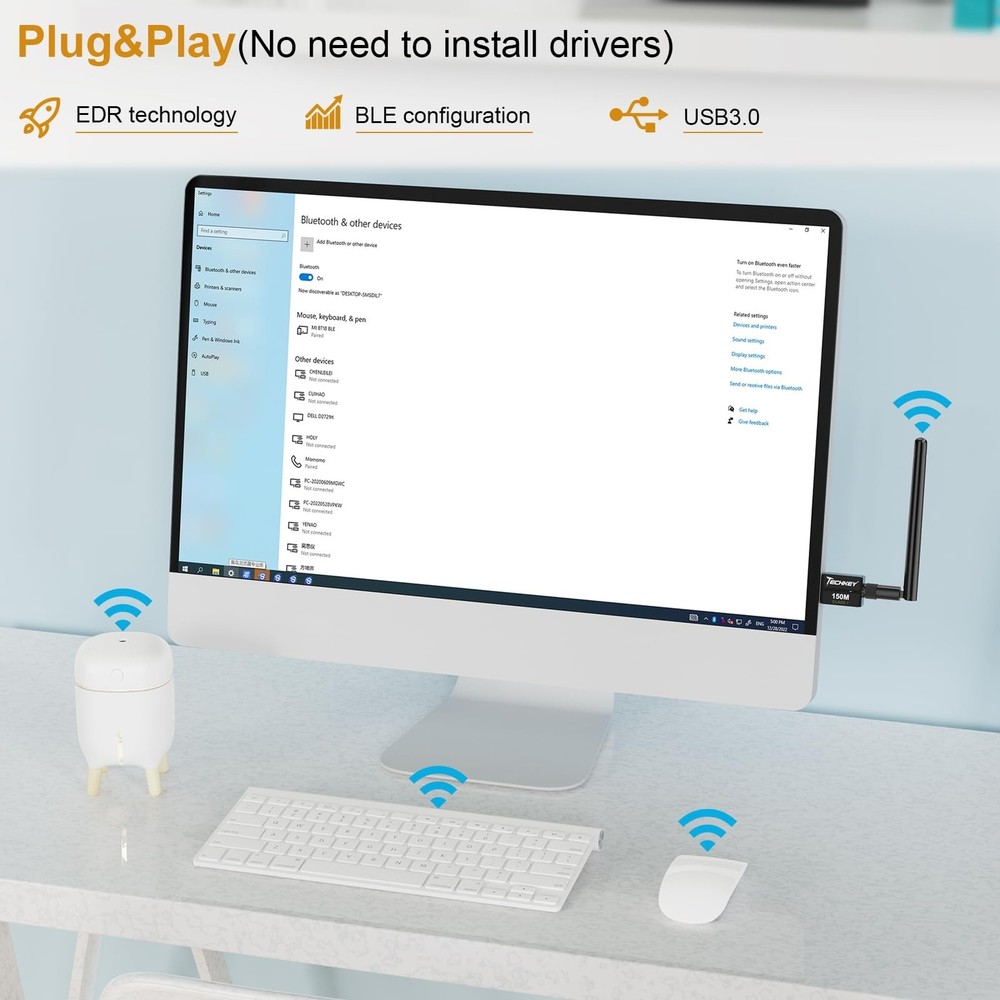USB Bluetooth 5.4 Adapter for Desktop PC, Long Range 500FT Wireless Transfer ...