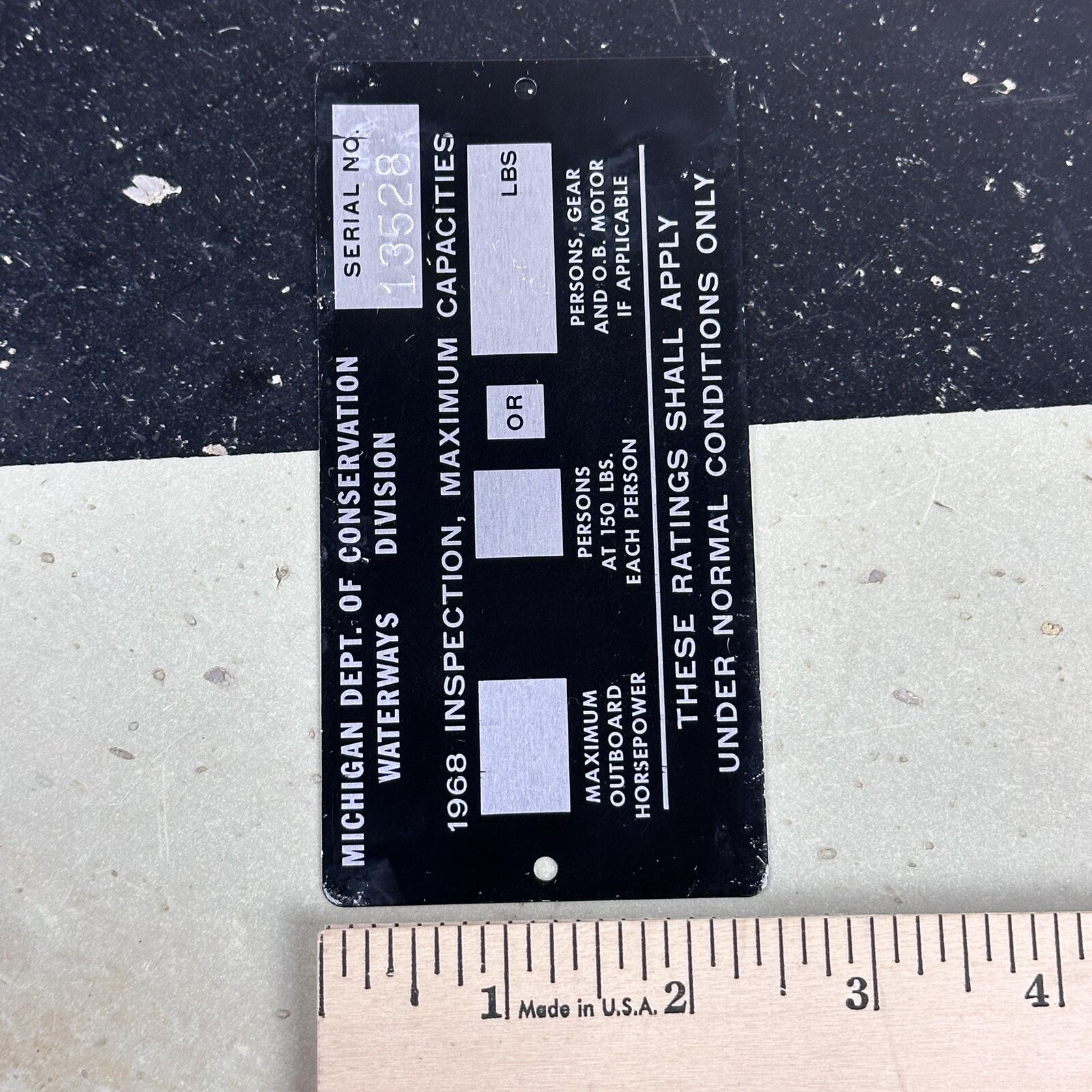 Vintage 1968 Michigan Boat Inspection Tag Metal License Plate Max Passengers Sig