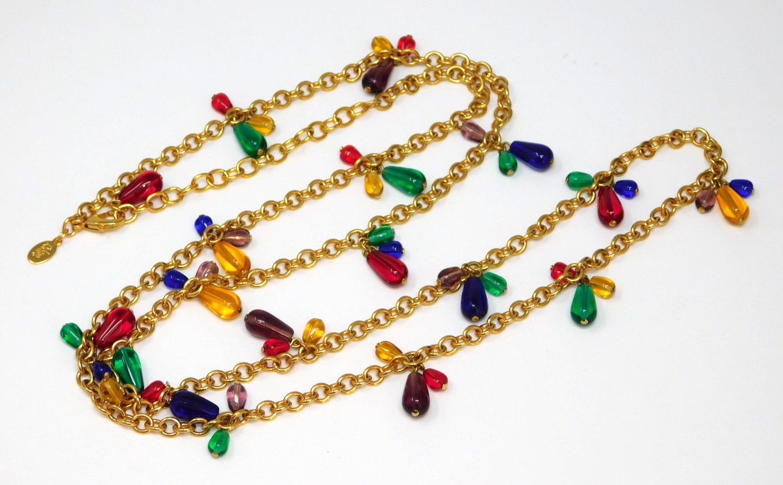 Vintage JOAN RIVERS Dangle Charm Necklace w/ Jewel Tone Teardrop Glass Beads