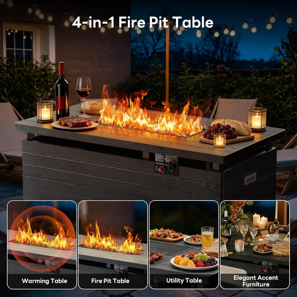 51” Outdoor Propane Fire Pit Table, 50,000 BTU Rectangular Gas Fire Pit with Lid