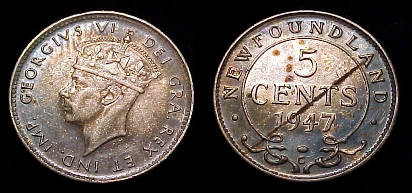 NEWFOUNDLAND 1947 C Silver Five Cents AU