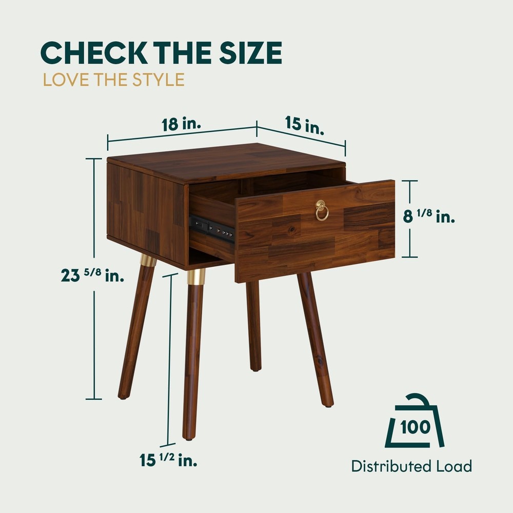 Alden Solid Wood Nightstand/Side Table/End Table, Fully Assembled, with 1-Dra...