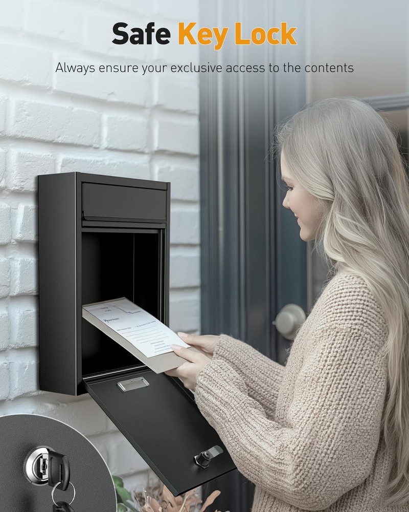 Uniclife Wall Mount Mailbox for Outside, Locking Mail Box, Key Lock, Blcak