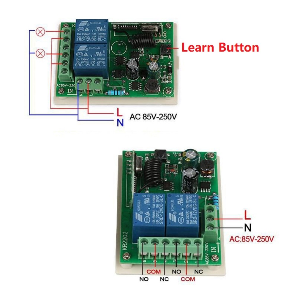 433Mhz Universal Wireless Remote Control Switch 85-250V 2CH Relay Receiver Kit c