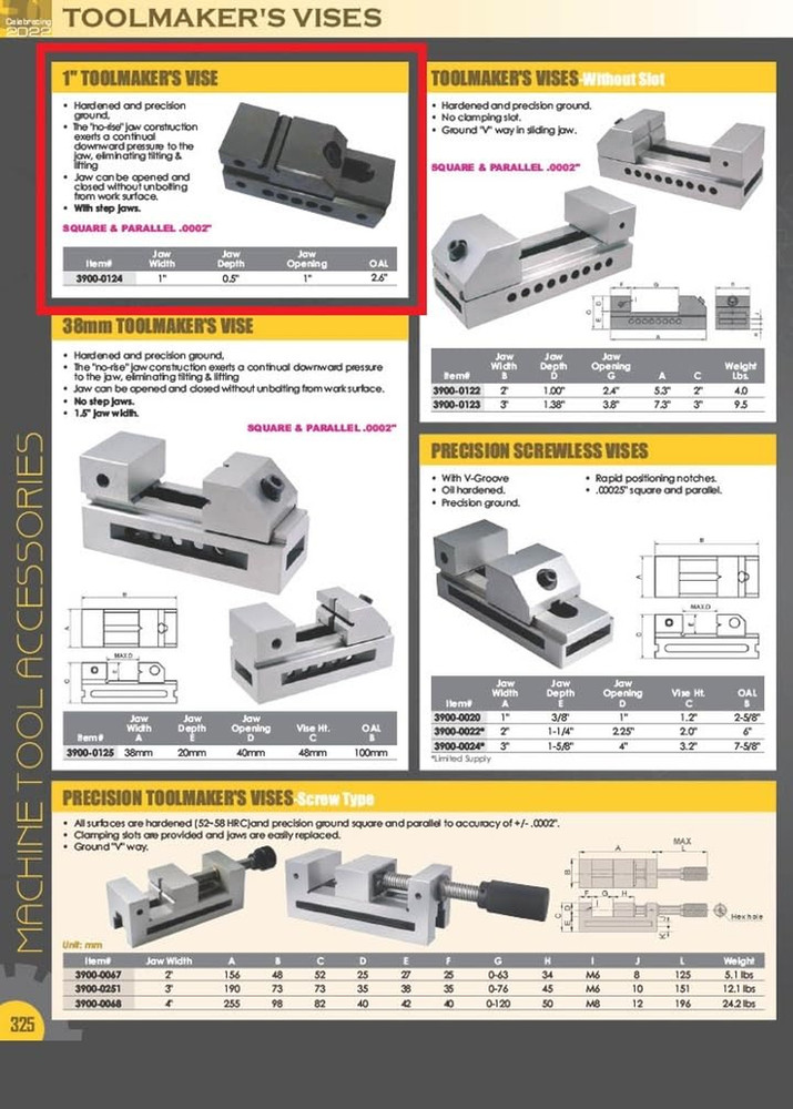 3900-0124 1" Precision Parallel Screwless Vise with Step Jaws