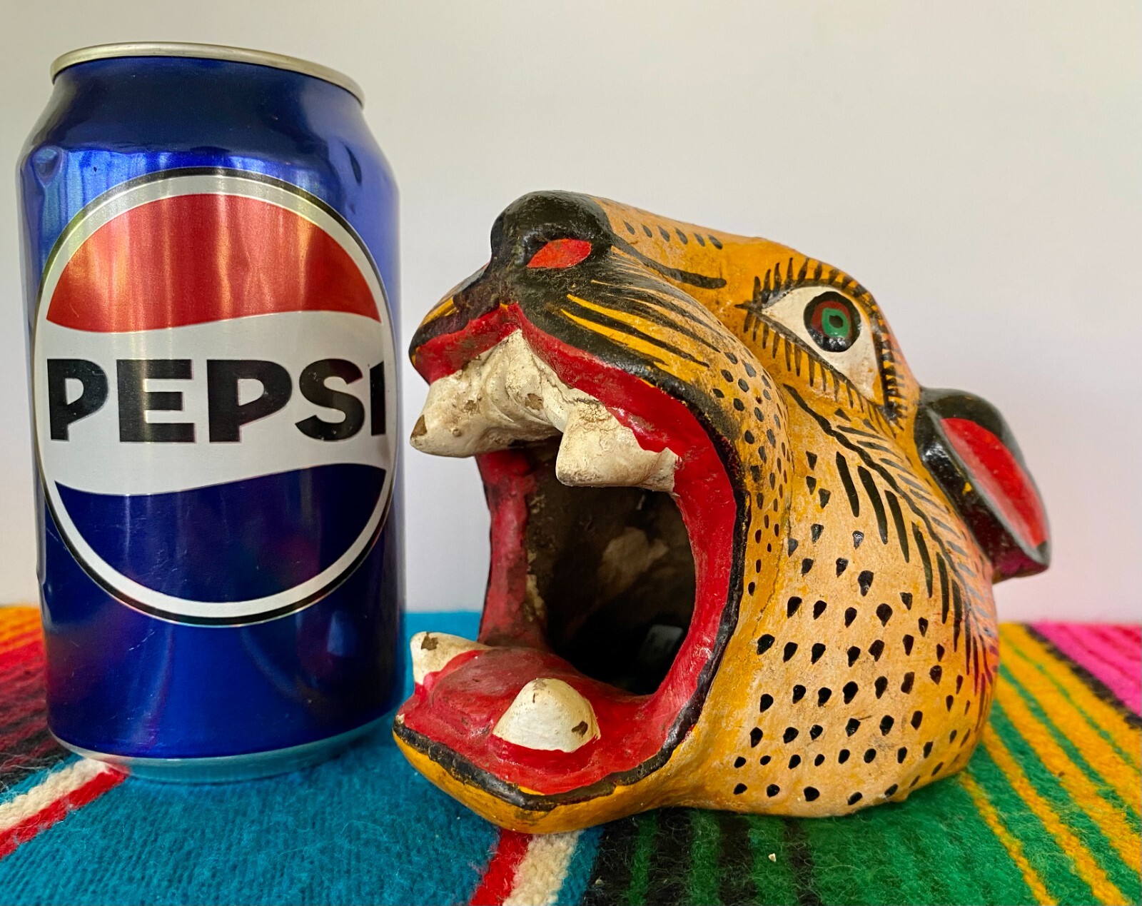 Mexican Folk Art Carved Wood Jaguar Leopard Cat Head Lion Face Mask Guerrero 5"