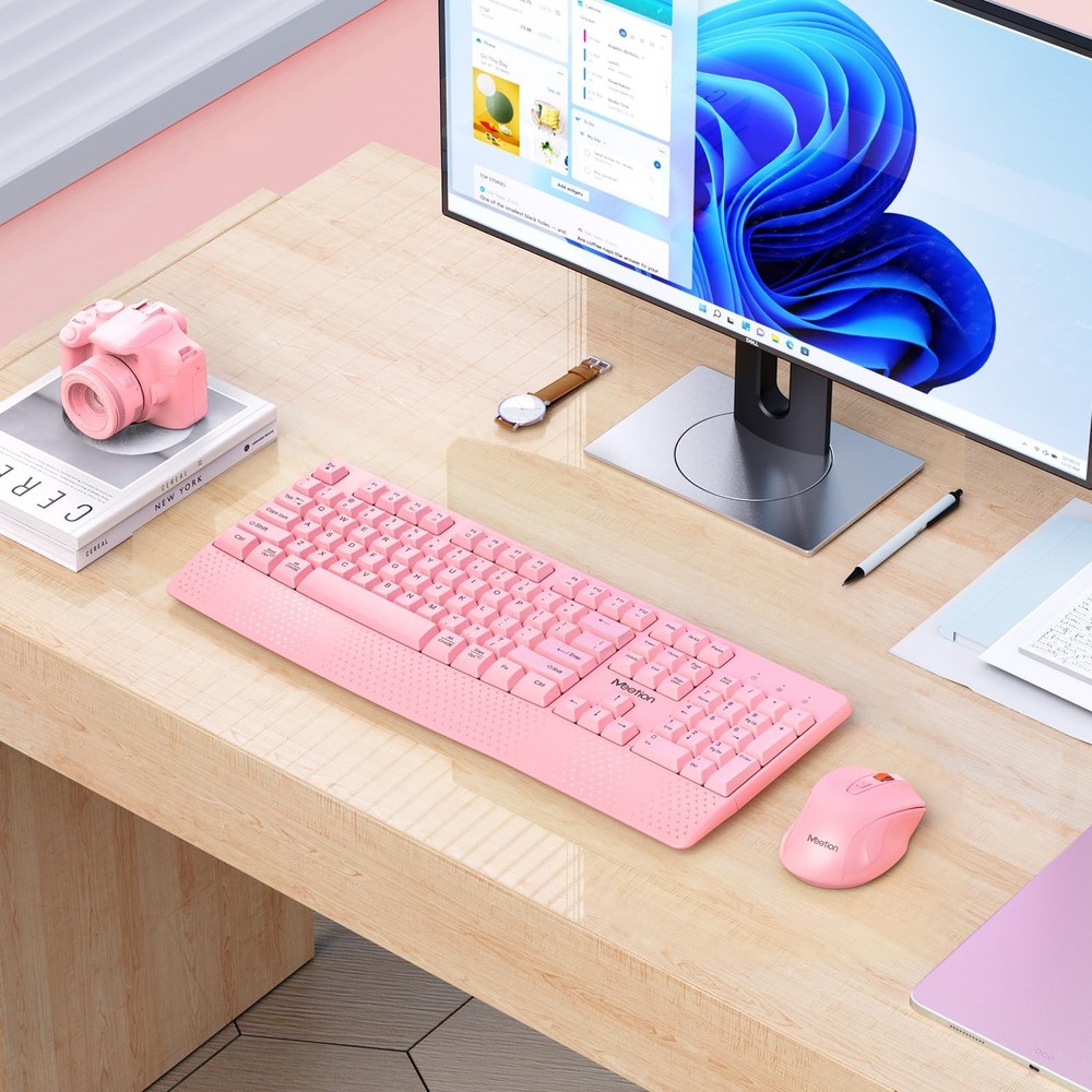 Wireless Keyboard with Wrist Rest Mouse Combo 2.4G Full-Sized Pink