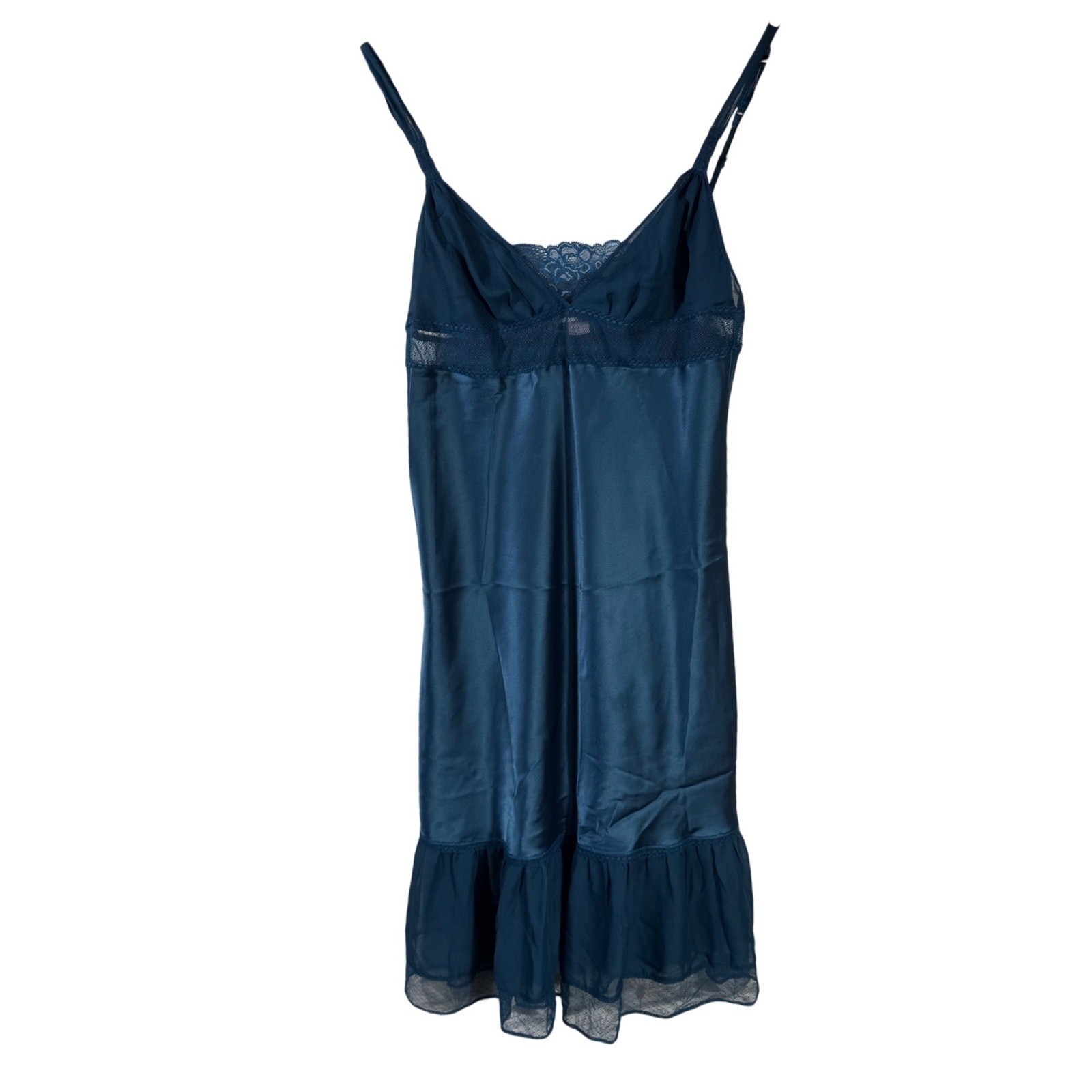 Victoria's Secret Angels Slip Dress Nightie S Teal Satin Lace Trim Ruffle Hem