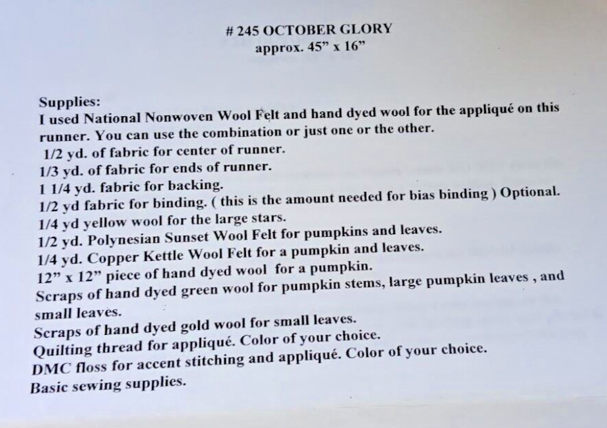 "October Glory" Table Runner Pattern~Pumpkin Leaf Star Applique~Used-45"L x 16"W