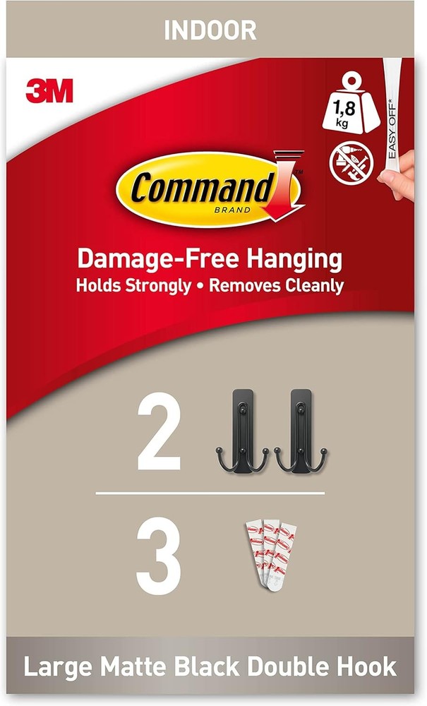 Command Decorative Hook, Matte Black Double Hook, Indoor use - 2 Metal Medium Ho