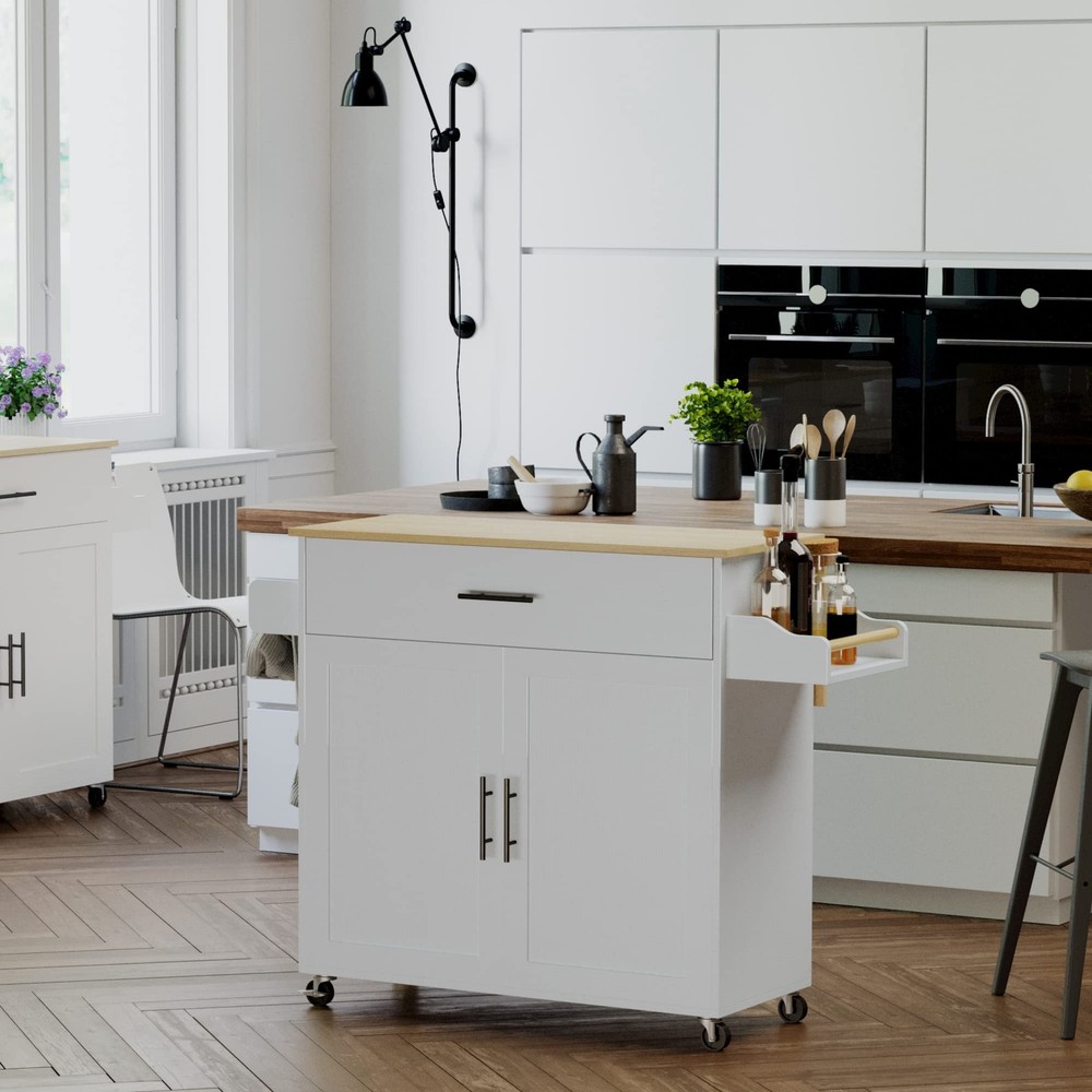 IRONCK Rolling Kitchen Island Table on Wheels with Drop Leaf, Storage Cabinet, D