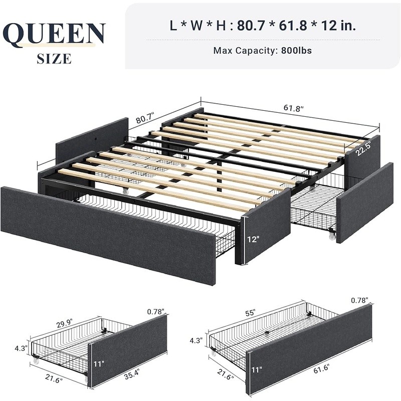 Modern Metal Bed Frame W/ Storage Drawers Customizable Headboard Easy Assembly