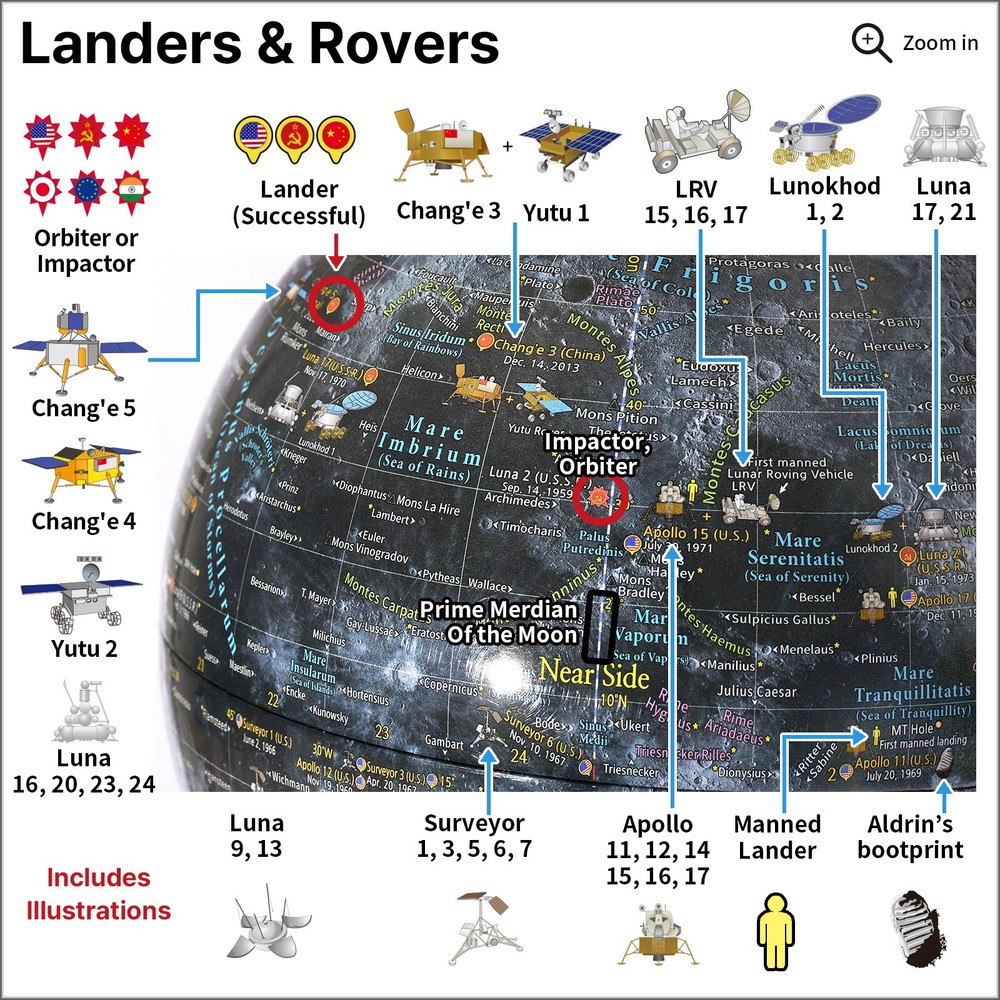 Mapsoft Explorer Illuminated Gray Moon Globe, 24cm/9.5", MI-24, Lamp, Light, Map