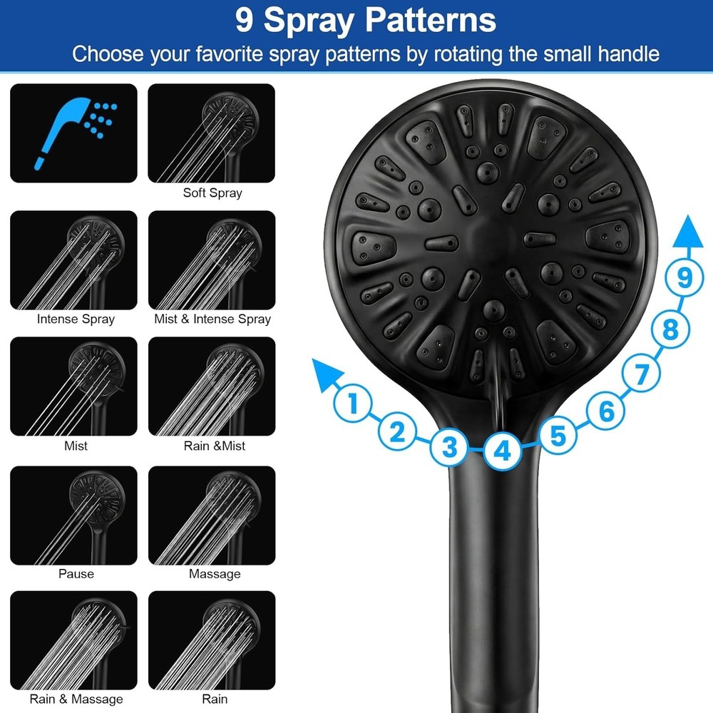 9 Settings Handheld Shower Head - Matte Black