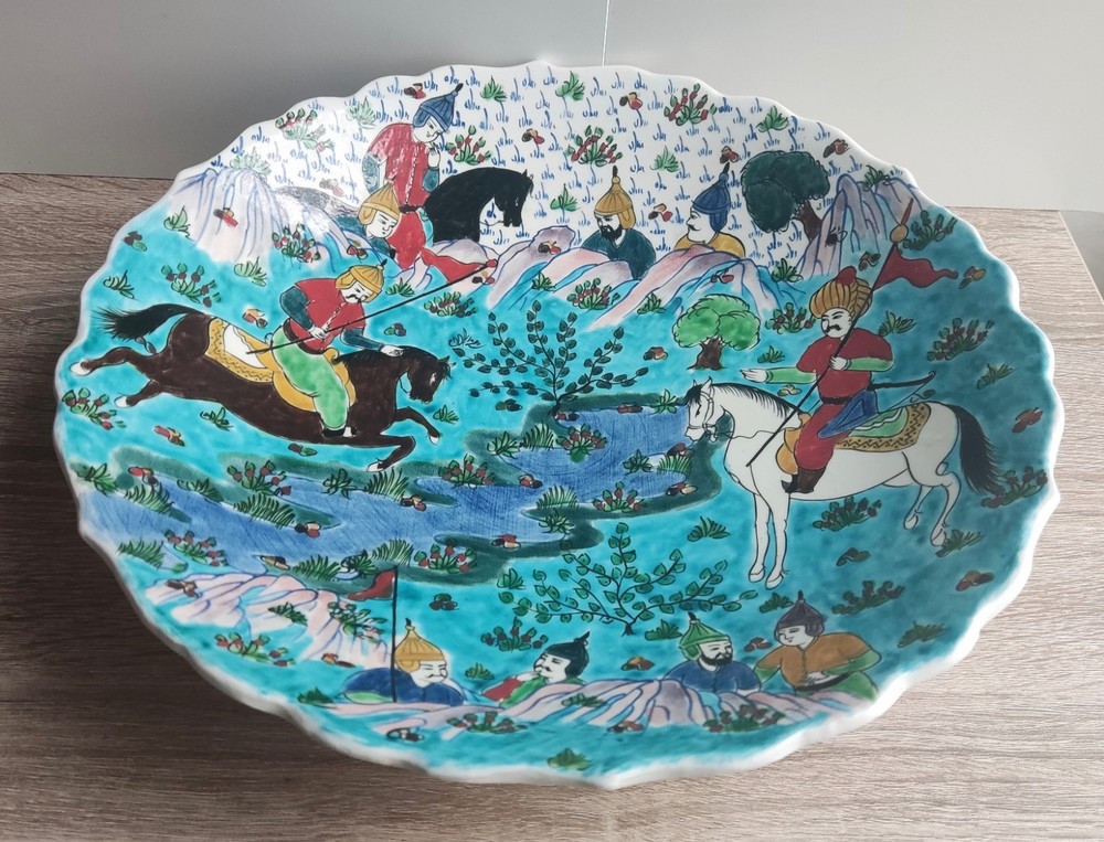 Large vintage painted ceramic plate. Turkey. Signed.