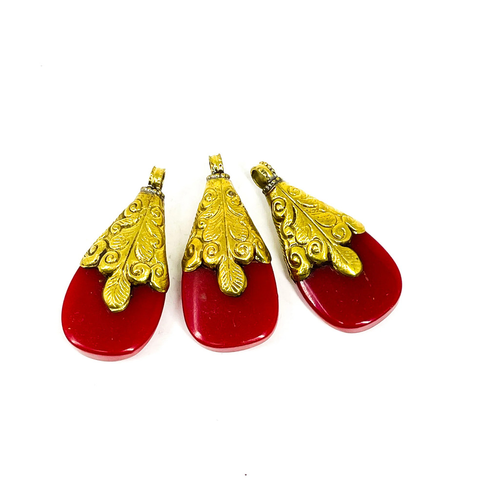3 Red Tibetan Brass Repousse Pendants