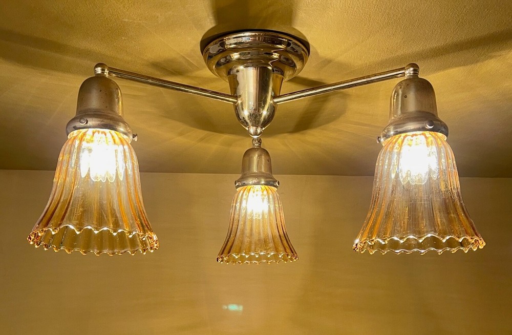 VERY LOW brass ceiling light with Amber Shades