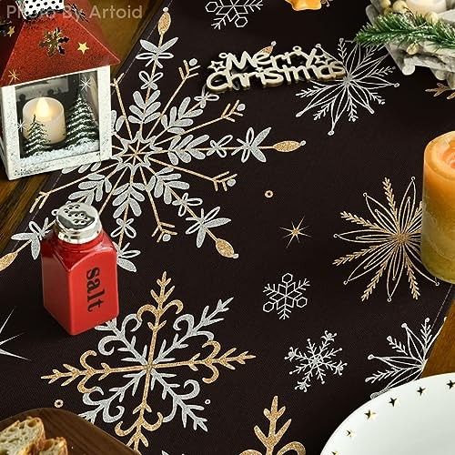 Snowflake Let It Snow Winter Table Runner, 13" x 72", Table Runner Black