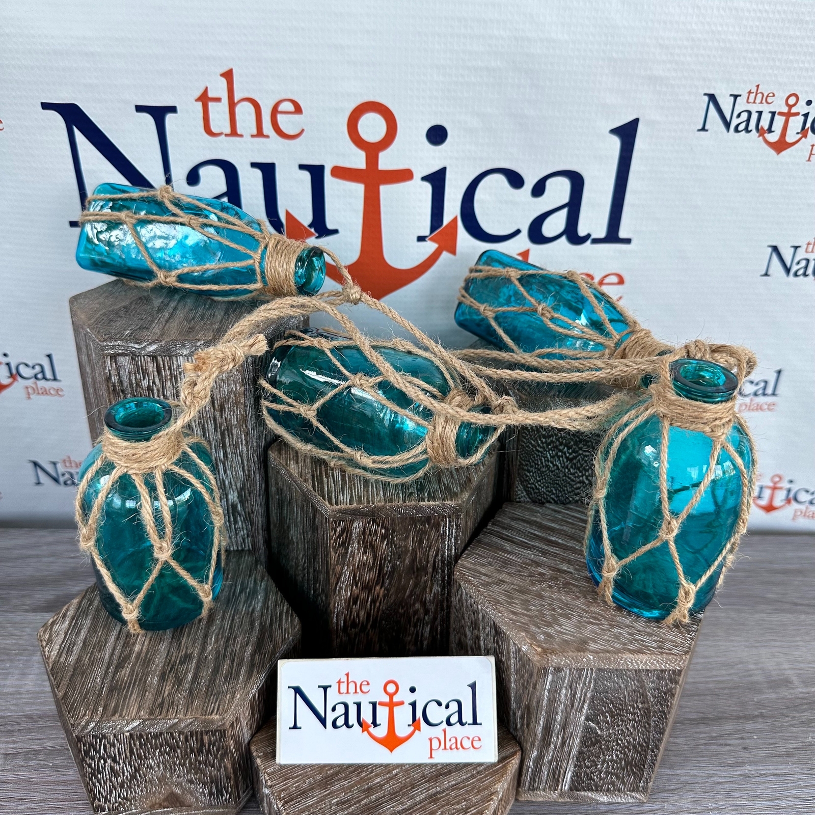 5 Aqua Glass Bottles On Jute Rope, Light Blue Old Style Floats, Nautical Decor