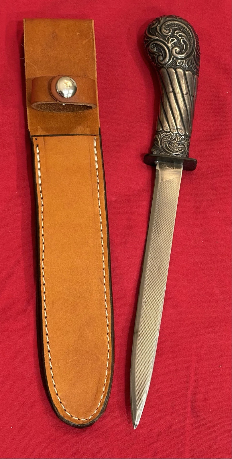 ANTIQUE SWORD HANDLE & USA FILE TO A THEATER KNIFE - NEW SHEATH