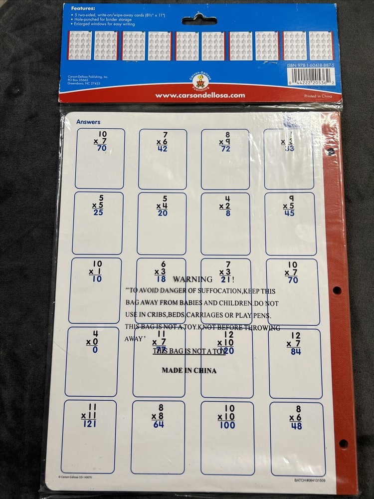 Education Math Windows Multiplication 5 Cards 2 sided Write on Wipe Off NEW