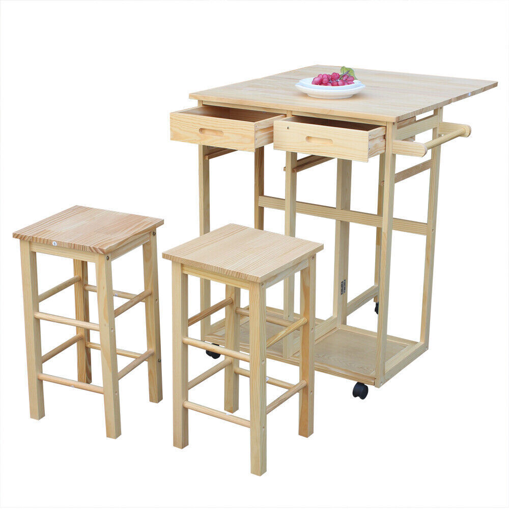 Kitchen Square Solid Wood Folding Rolling Dining Cart with 2 Free Stools Natural