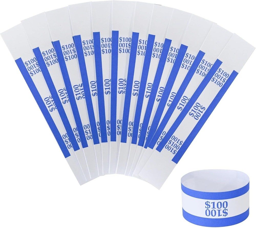 100 Pack Blue $100 Currency Straps - Self-Adhesive Bill Wrappers for Quick Sort